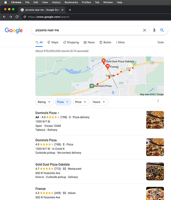 Pizza Near Me - Google Search Results Screenshot - Oakdale, Ca